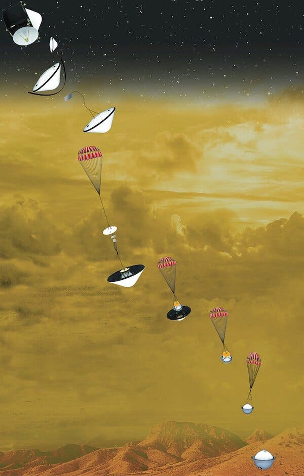 Artist's concept of the NASA DAVINCI+ probe's stages of decent on Venus. (NASA/GSFC)