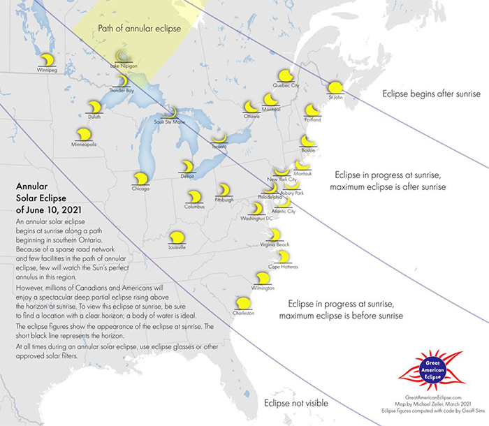 Map of eastern half of north america showing different paths for the eclipse