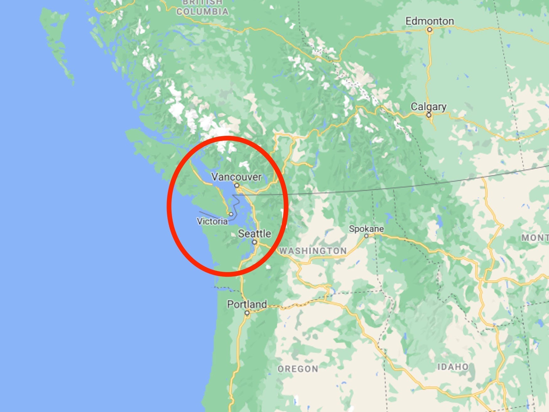 The Salish sea, on the Western coast of Canada. (Google Maps/Insider)