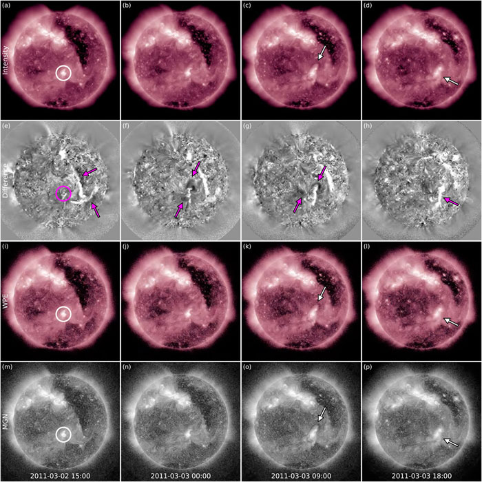 Quatro tempos e técnicas de imagem diferentes capturam o CME de 3 de março de 2011.  A linha superior usa imagens de intensidade;  a segunda linha usa diferenciação de imagem com uma separação temporal fixa;  a terceira linha usa Wavelet Packet Equalization (WPE);  e a quarta linha usa a Normalização Gaussiana Multi-escala (MGN).  As regiões de escurecimento e clareamento são indicadas com setas e a região ativa AR 11165 é circundada com uma seta na primeira coluna.  (Palmerio et al., Frontiers in Astronomy and Space Sciences, 2021)