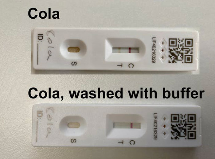  A COVID-19 test with a fake positive caused by cola and a COVID-19 test that used cola after it was washed with a buffer.