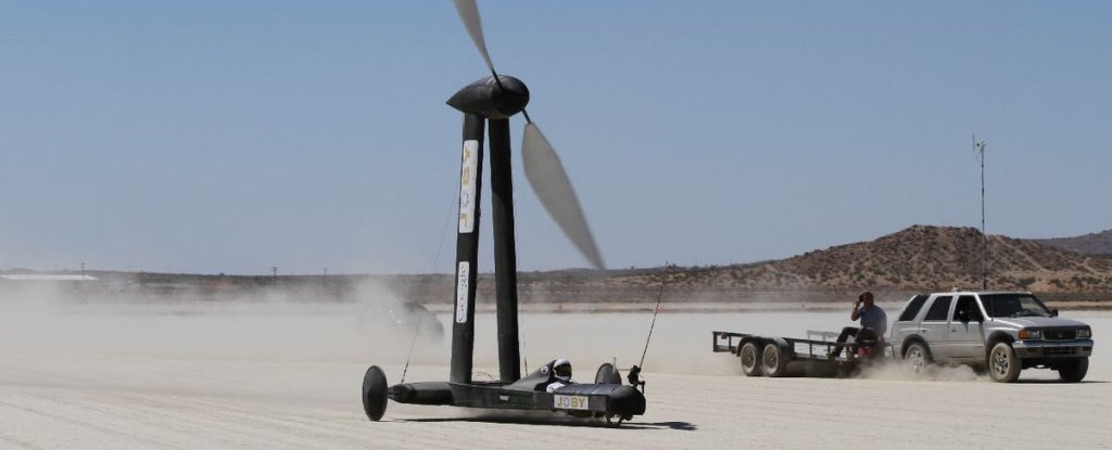 Image of the wind-powered Blackbird vehicle in action.