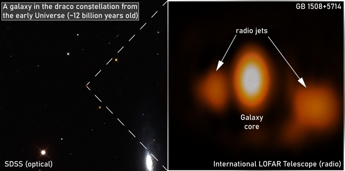 A galaxy in the Draco constellation with jets visible as two orange blobs