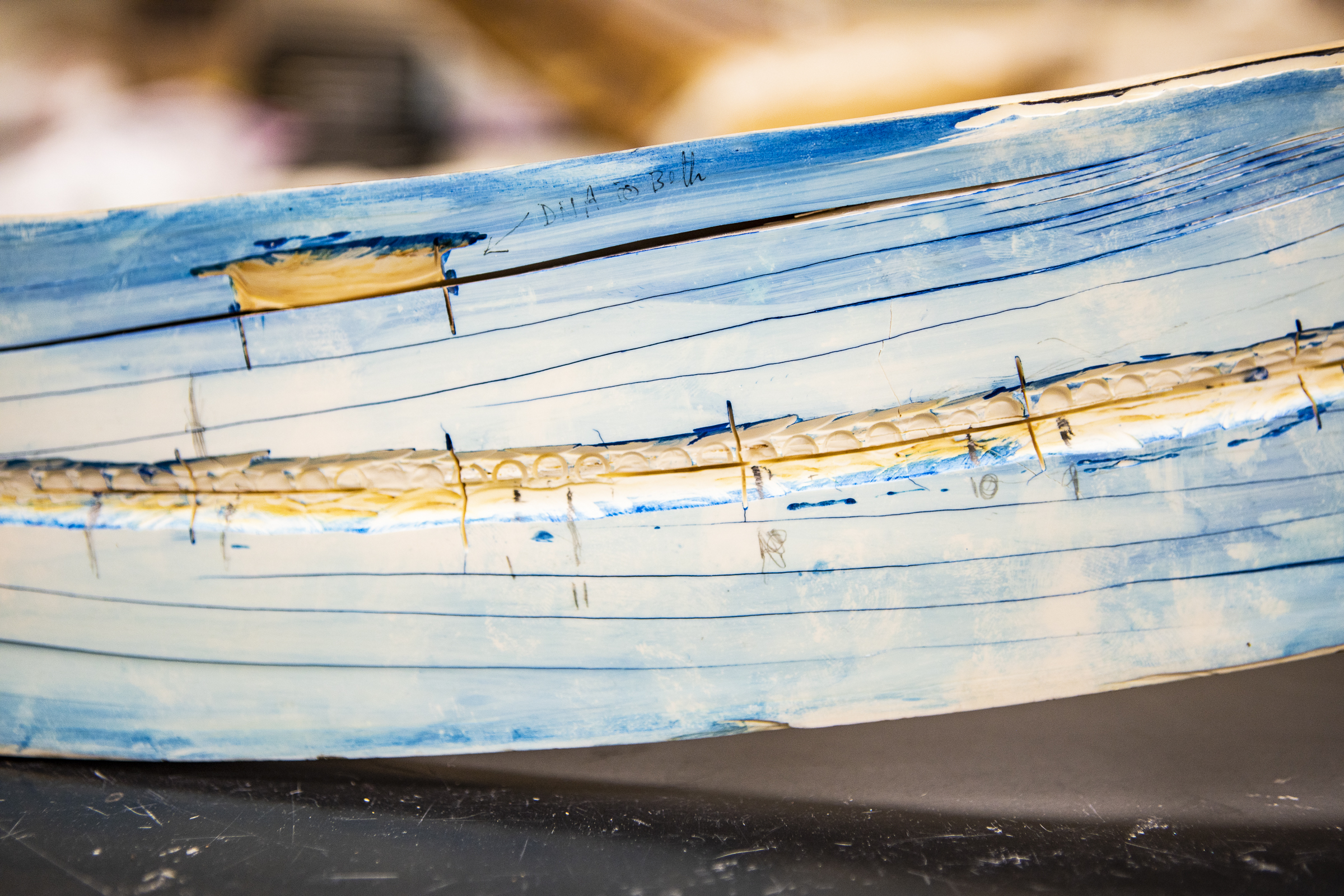 Split mammoth tusk, stained blue to see the growth layers. (JR Ancheta/University of Alaska Fairbanks)