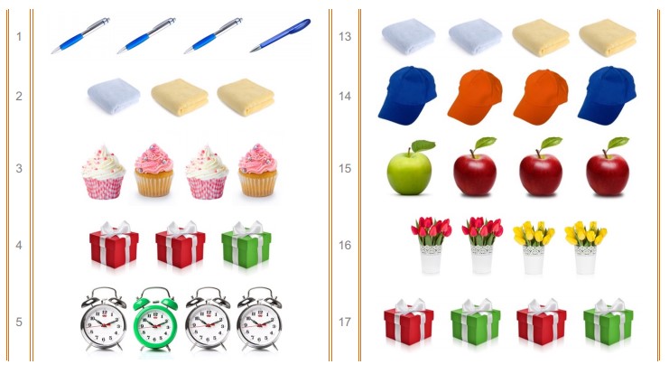 Groups of three or four colorful objects in a computer image, including apples, hats, and pens