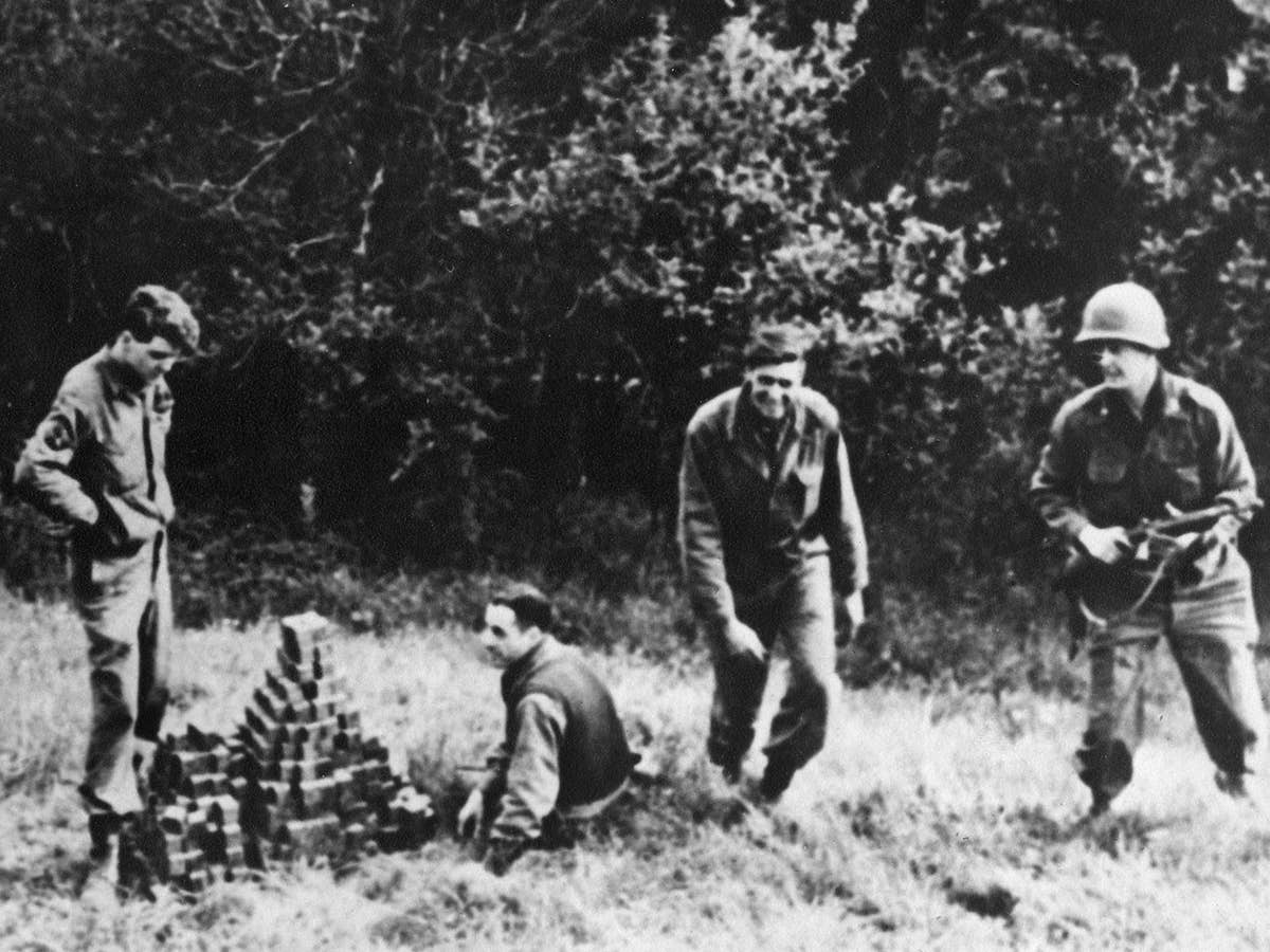Alsos intelligence officers after locating German uranium cubes, Haigerloch, Germany. (Samuel Goudsmit/AIP Emilio Segrè Visual Archives)