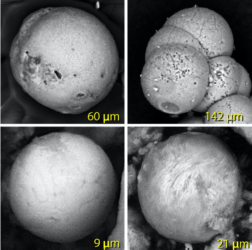 Spherules made of melted sand (upper left), palace plaster (upper right) and melted metal (bottom two). (Malcolm LeCompte, CC BY-ND)