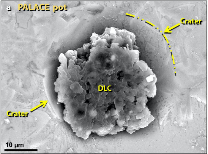 Diamonoids (center) inside a crater, formed by the fireball's high temperatures and pressures on plants. (Malcolm LeCompte, CC BY-ND)