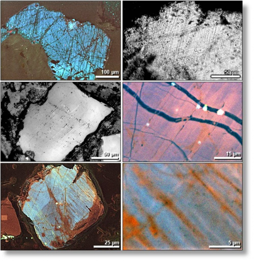 Electron microscope images of numerous small cracks in shocked quartz grains. (Allen West, CC BY-ND)