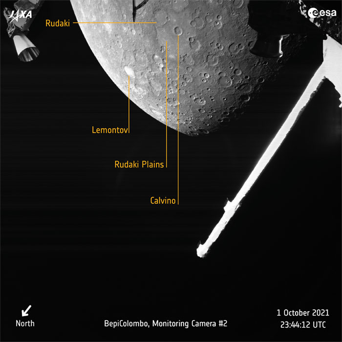 An annotated view of BepiColombo's picture of  Mercury's northern hemisphere.