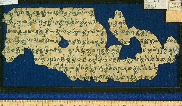 A fragment of Tocharian B from an ancient Buddhist kingdom at Tarim Basin edge. (Wikimedia Commons)