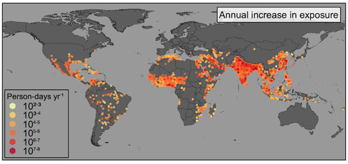 Extreme heat exposure increases in cities from 1983 to 2016. (Tuholske et al, 2021)