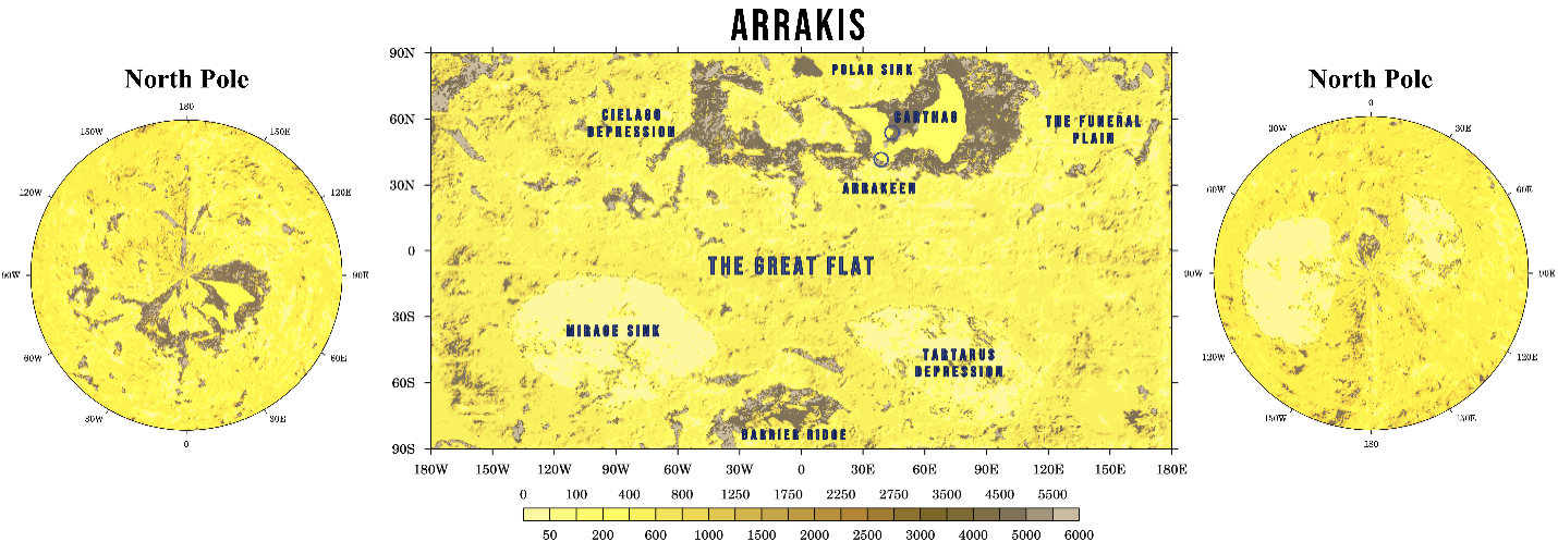 Height map (in meters) of Arrakis. (Author provided)