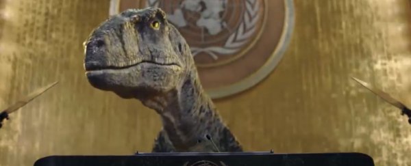 Dinosaur invades the UN to make important observation in razor-sharp video