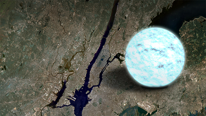 Neutron star against a backdrop of Manhattan Island in New York