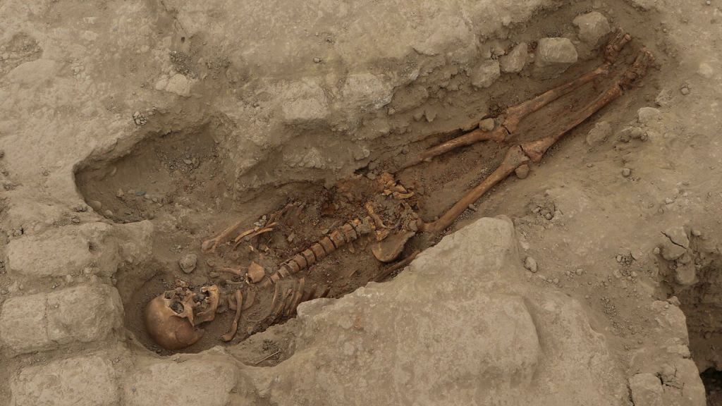  A human skeleton unearthed at Huaca Santa Rosa de Pucalá (Edgar Bracamonte Lévano)