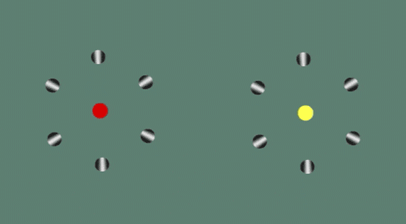Illusion showing black and white dots rotating around a red or yellow center.