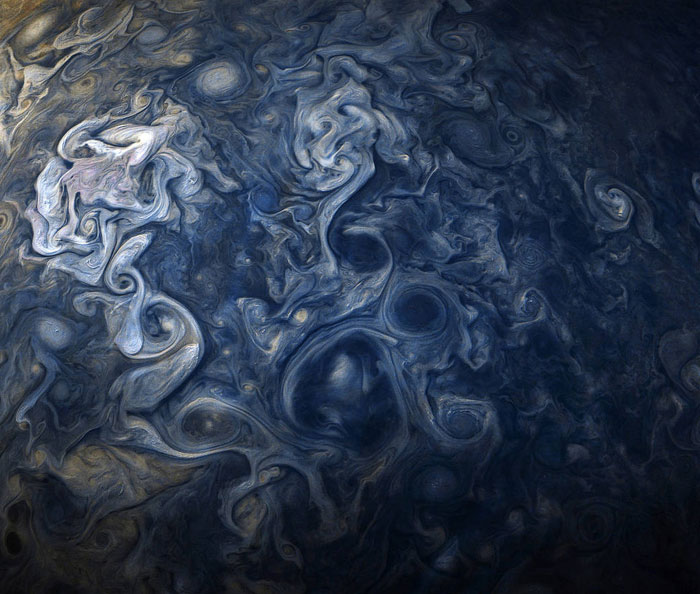 Blue clouds in Jupiter's Northern Hemisphere.