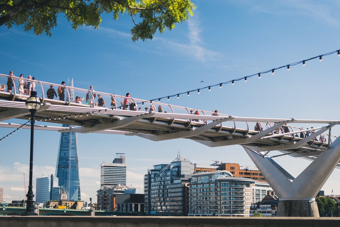 Futuristic looking white bridge against London skyline and a blue sky