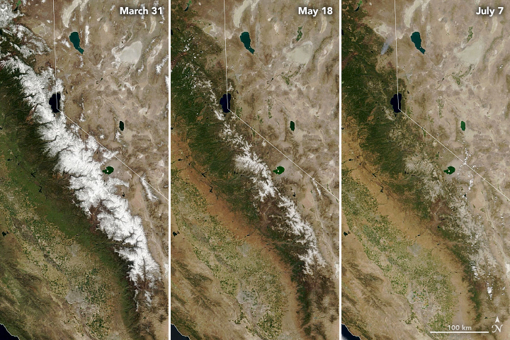 The Sierra Nevada spring snowpack in 2021. (NASA)