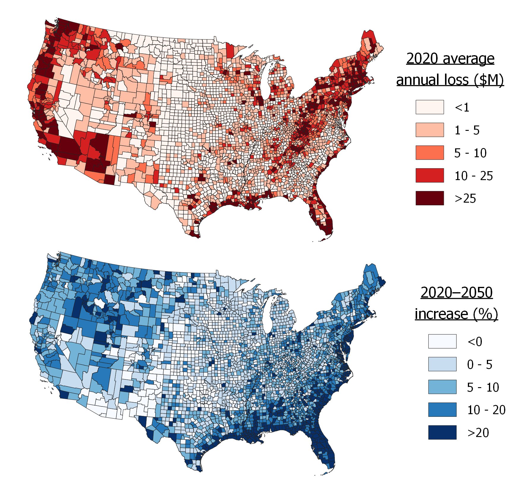 US maps showing predicted flood losses.