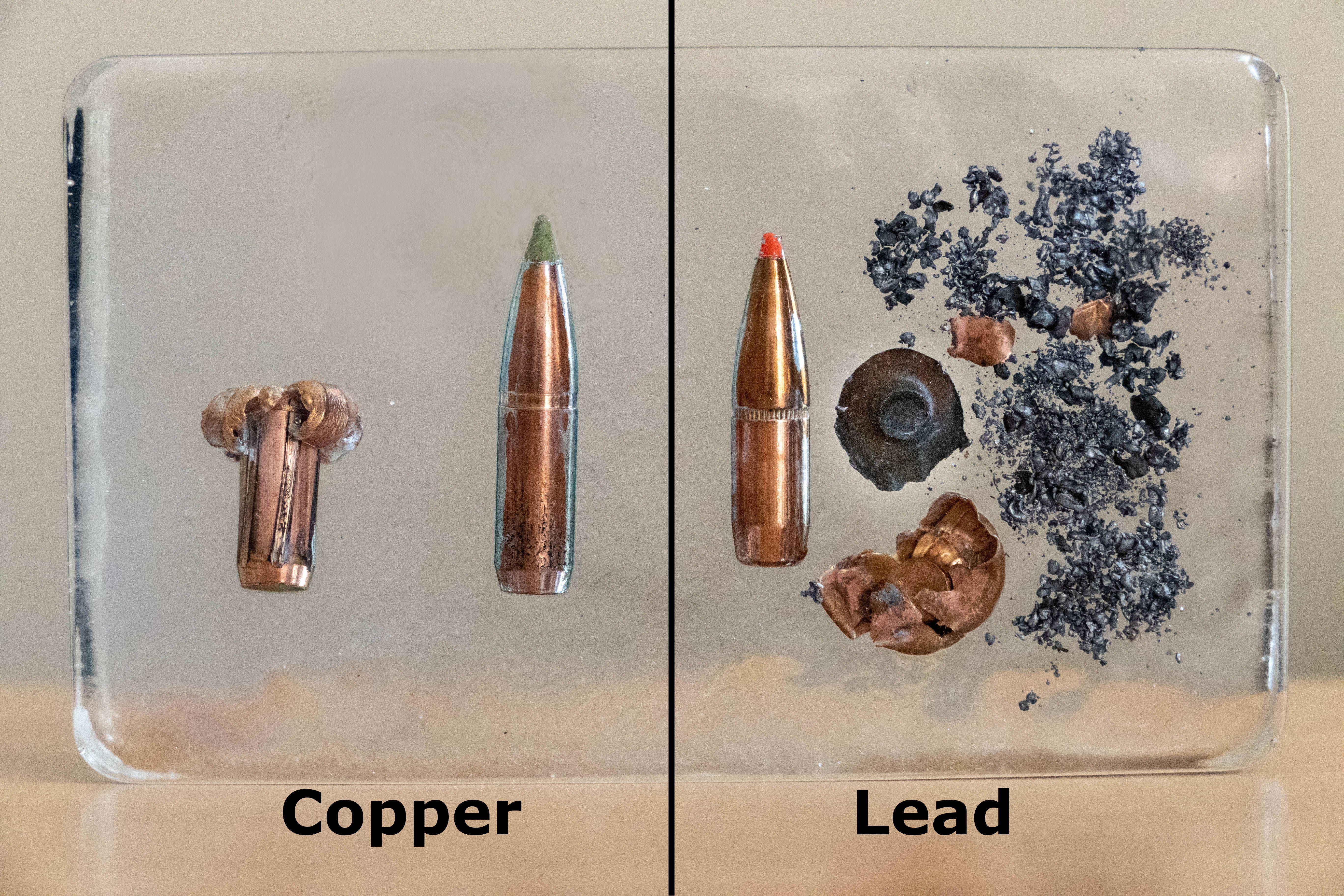 Tray showing an unexploded and exploded bullet side by side
