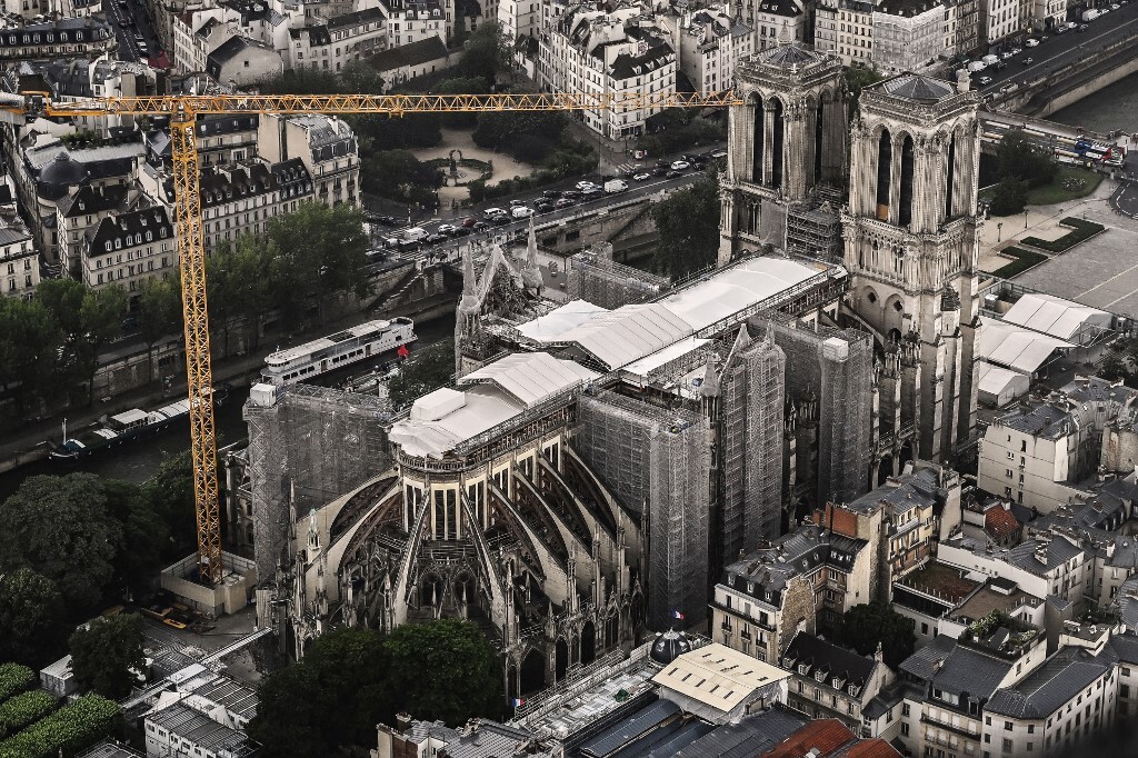 An aerial picture taken on July 12, 2021 shows a view of the Notre-Dame de Paris Cathedral 