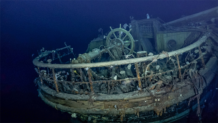 Underwater view of the Endurance wreck's wheel and aft