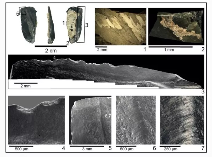 Serie di immagini ravvicinate di bladelets dell'età della pietra