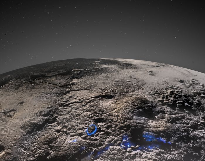 cryovolcanic terrain on pluto marked in blue