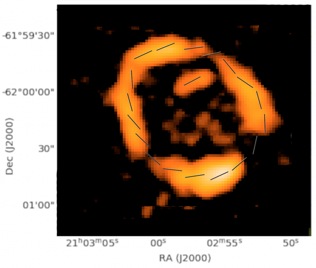 Graph with direction axes and orange bubble in center, overlayed by short lines representing the magnetic field making a rough circle