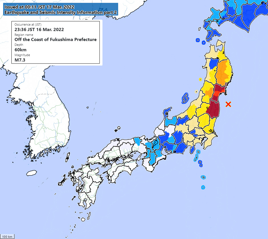 A map of Japan showing location of earthquake off the coast