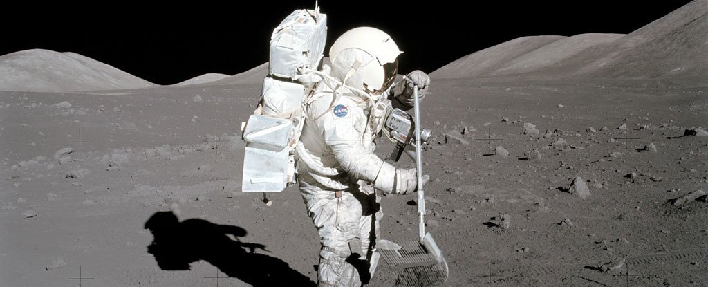 Harrison H. Schmitt collects lunar rake samples during the Apollo 17 lunar mission. 