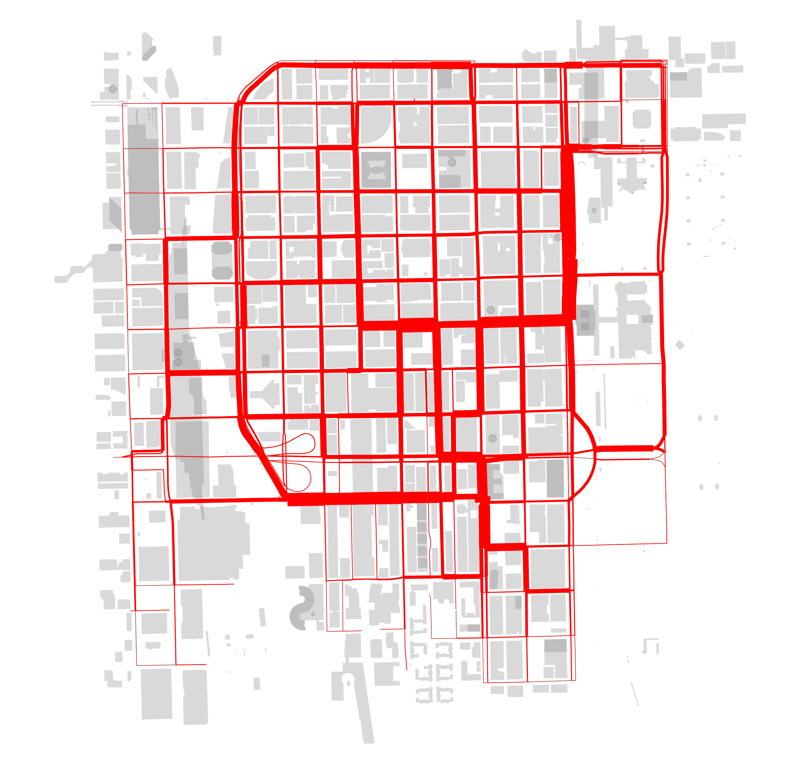 Hartă grilă a unui oraș cu linii roșii care conturează străzile