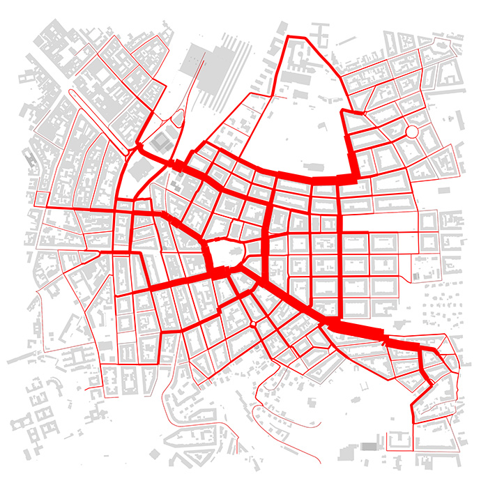 Map of convoluted street pattern with red lines throughout