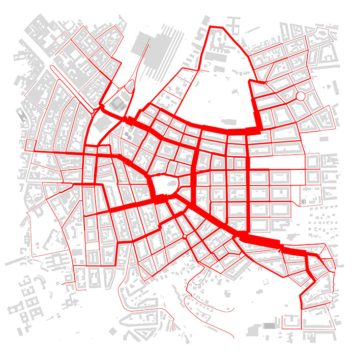 Carte des rues alambiquées avec des lignes rouges partout