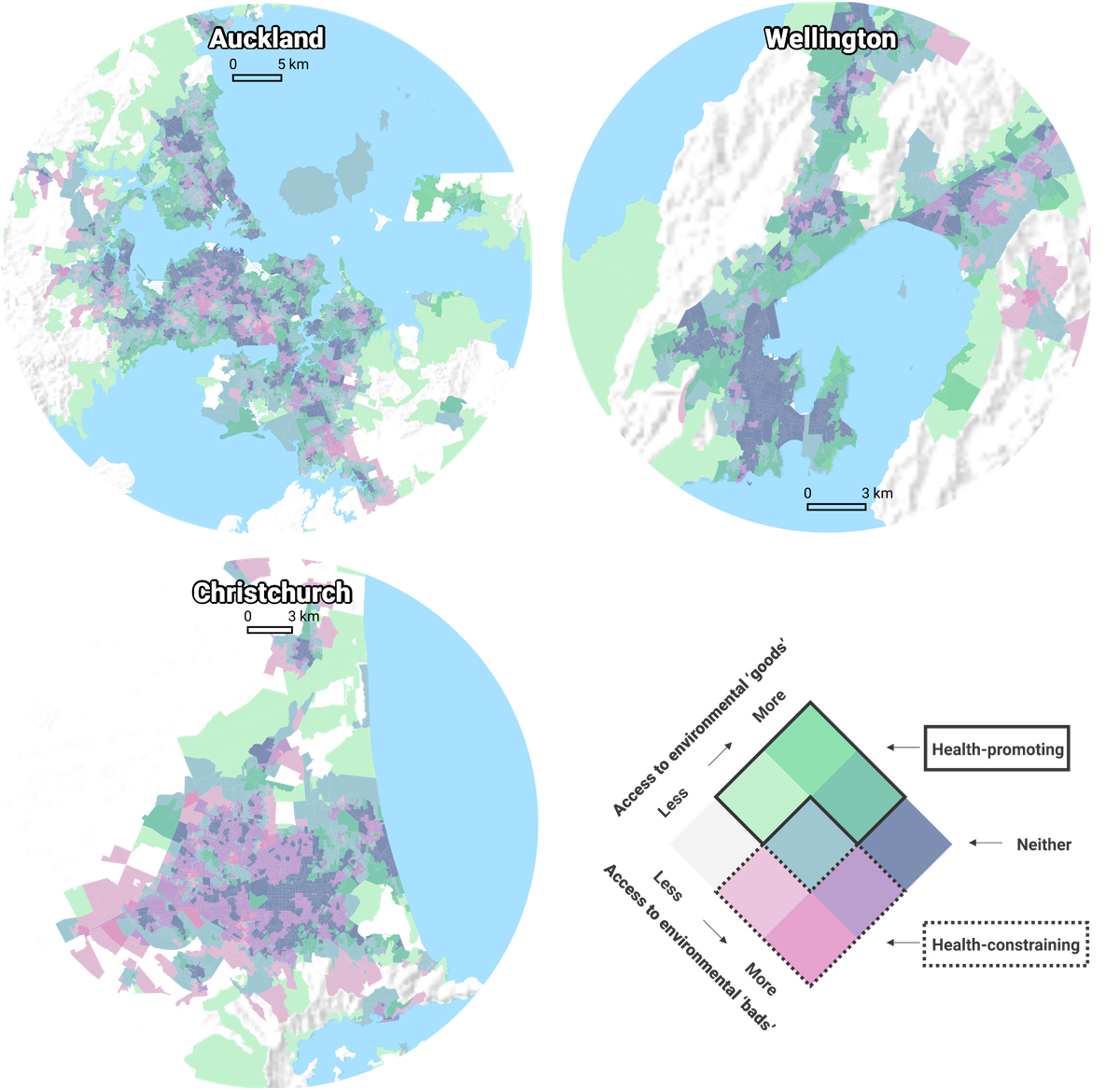 Map of three cities with color key showing health-constraining areas