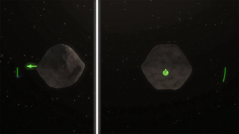 Side and top view of rotating asteroid circled by orbiting spacecraft