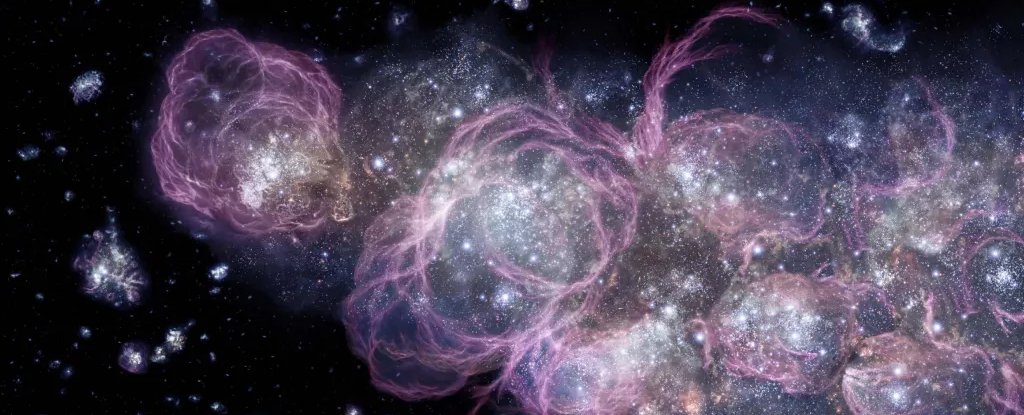 Artist's impression of early star formation, a few million years after the Big Bang. 