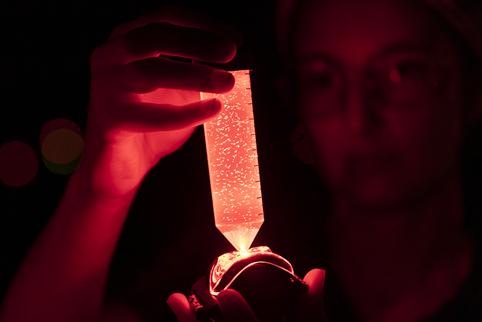 A person in glasses holding a glowing orange tube with small white specks in it