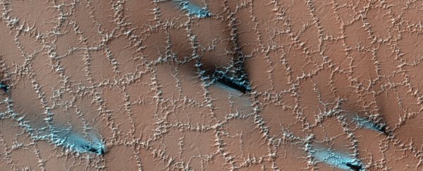 Strange honeycomb pattern on Mars appears to be formed by water ice and CO2