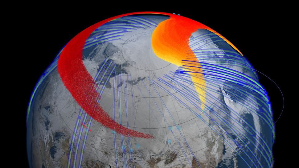 Un modello al computer che mostra un'enorme nuvola di polvere nell'atmosfera rimasta dall'esplosione della meteora di Chelyabinsk nel 2013. (NASA Goddard's Scientific Visualization Studio)