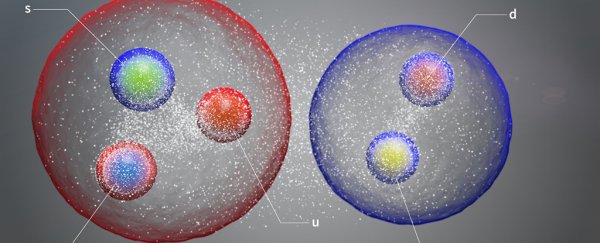 Large Hadron Collider Finds Evidence of 3 Never-Before-Seen Particles  IllustrationofBlueAndRedCircleWithSmallBallsInside_600