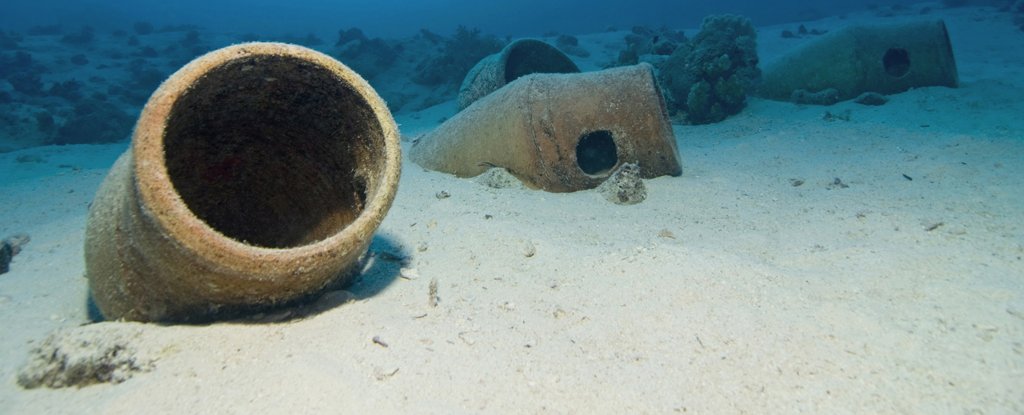 Amphorae along a sea bed in the Red Sea. 
