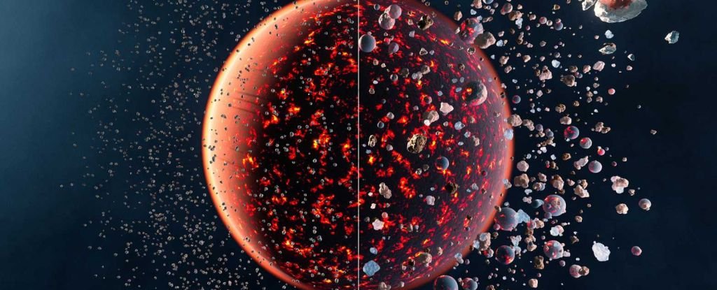 An illustration of the two scenarios, with chondritic asteroids on the left and planetesimals on the right. 