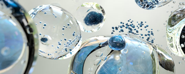 Abstract blue drops in transparent bubbles