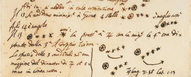 Annotations recording Galileo's discovery of the four moons of Jupiter.