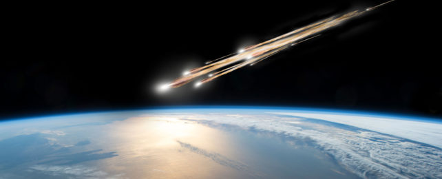 An illustration of asteroids streaking over Earth.
