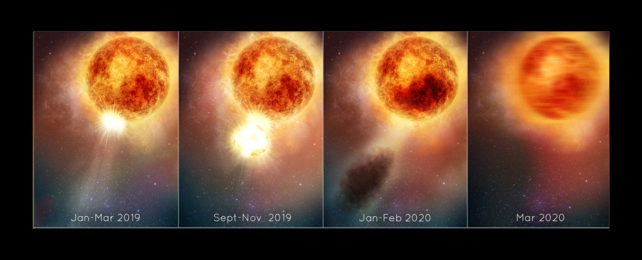 Four different images of the star Betelgeuse changing in brightness.