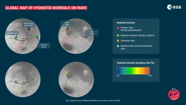 Mapa de rastros de agua detectados en Marte